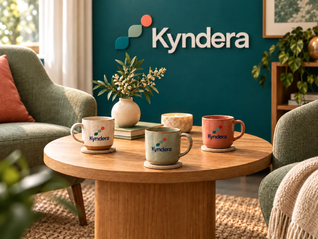 Kyndera-branded lounge and mugs, set for conversation